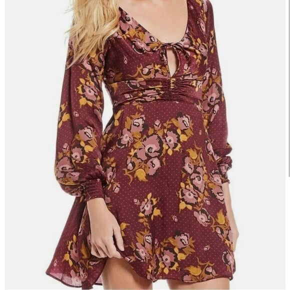 Free People Morning Light Long Sleeve Purple Maroon Floral Dress- Size 4 - Picture 1 of 12
